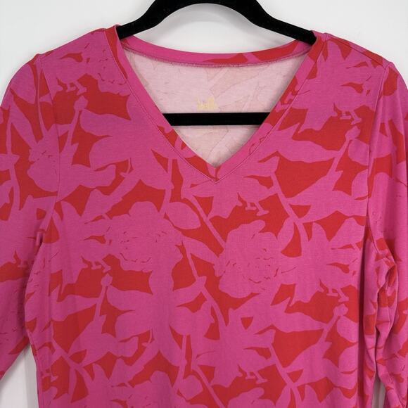 Belle Kim Gravel V Neck Bright Pink Floral 3/4 Sleeve Tee Size Small Pullover - Picture 3 of 7